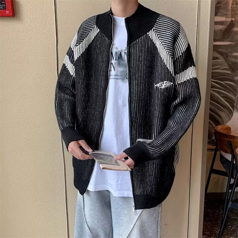 美式复古拉链撞色立领毛衣男女同款宽松水洗开衫外套潮-MY569,男装针织衫/毛衣,星座601-2