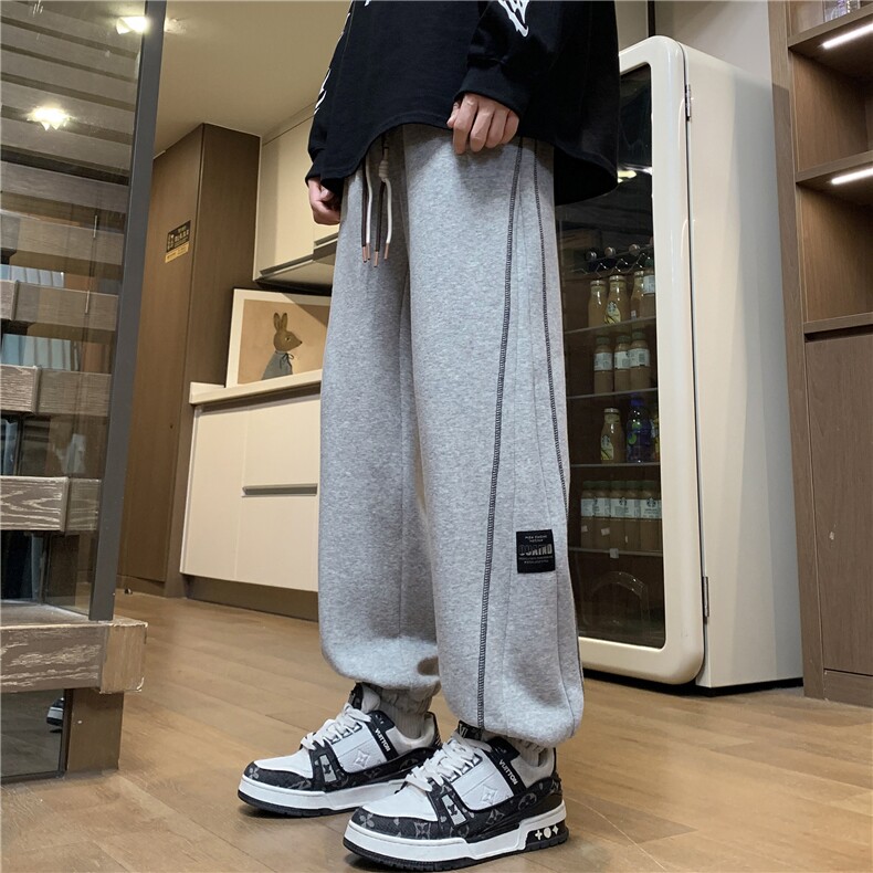 秋冬款美式重磅纯棉条纹针织大码休闲卫裤P45主推差价足大货足，男装休闲裤，电商B388