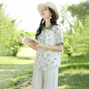 2025夏装新款温柔时尚显瘦复古撞色苎麻碎花衬衫直筒裤女图片