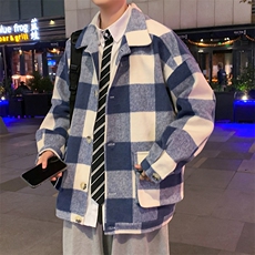 呢子外套男港风ins格子撞色复古毛呢大衣青年宽松冬季W2201-P62，男装夹克，星座512-2