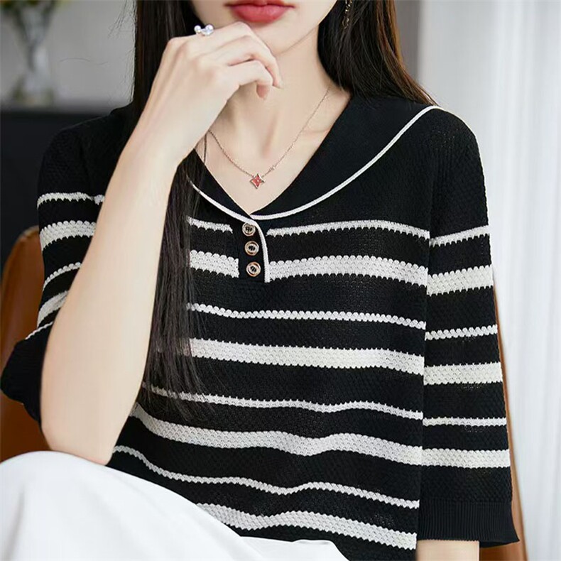 春夏薄款针织女翻领套头海军领休闲条纹宽松女短袖T恤轻薄长袖潮,女装T恤,萱芳婷羊绒