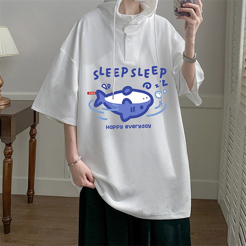 LD54453-P45连帽短袖t恤男大码胖子带帽五分袖中袖,男装T恤,电商A040