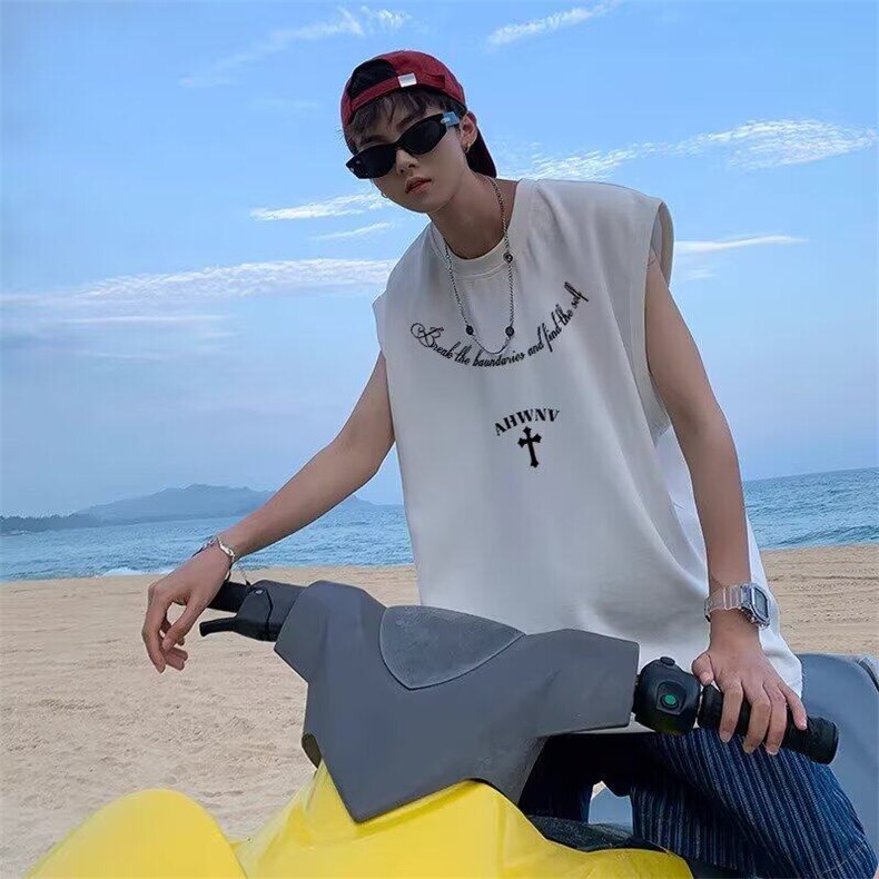 圆领夏季青少年潮美式复古哥特风印花背心纯色汗背心宽松型,男装背心/马甲,星座218-1（原230）