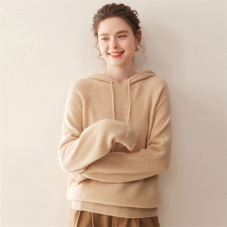 2025秋冬百搭时尚简约元宝针连帽羊绒帽衫，女装羊绒衫，珍丝贝尔