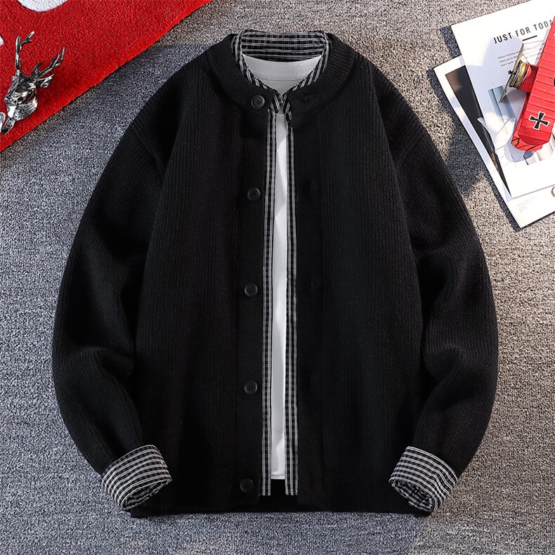 【抖音得物】2025年秋季时尚毛衣针织开衫圆领假两件长袖，男装针织衫/毛衣，电商A113