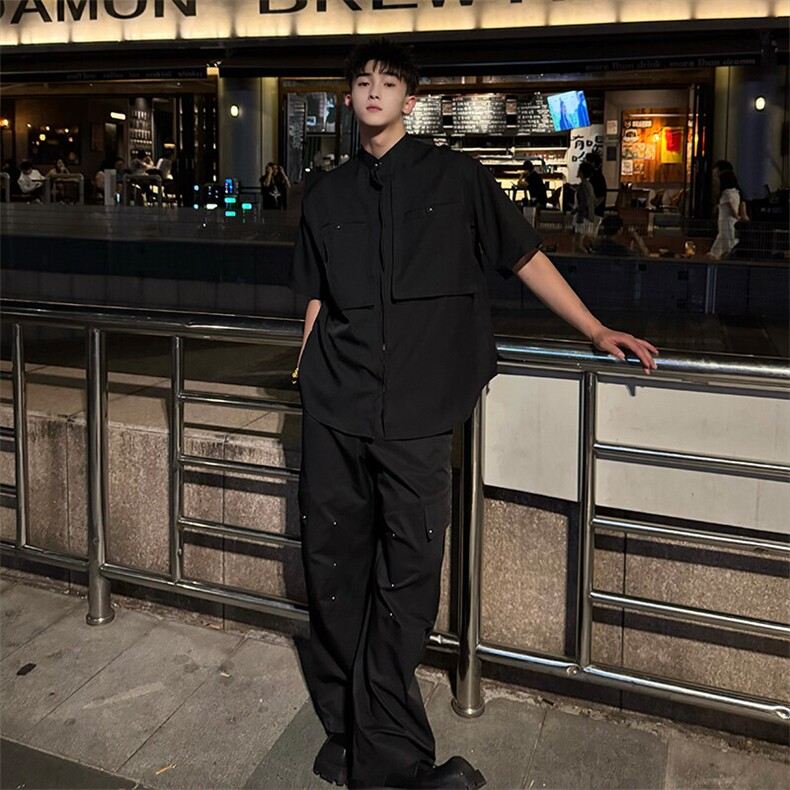 2025夏季黑色立领男士韩系金属工装口袋设计上衣衬衫短袖D05/P75,男装T恤,星座305B