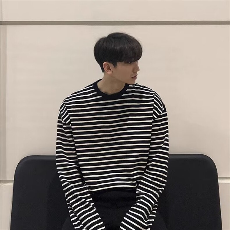 新款条纹圆领长袖t恤男潮牌休闲宽松百搭打底衫513ACT2371P30,男装T恤,星座513A