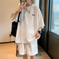 2026夏装华夫格拼接绣花休闲运动套装五分短裤TZ808/P65小白色，男装休闲套装，电商A094