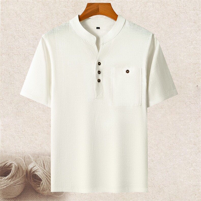 长年现货男士高品质风唐装中老年亚麻V领短袖中年棉麻T恤，男装T恤，钱塘723