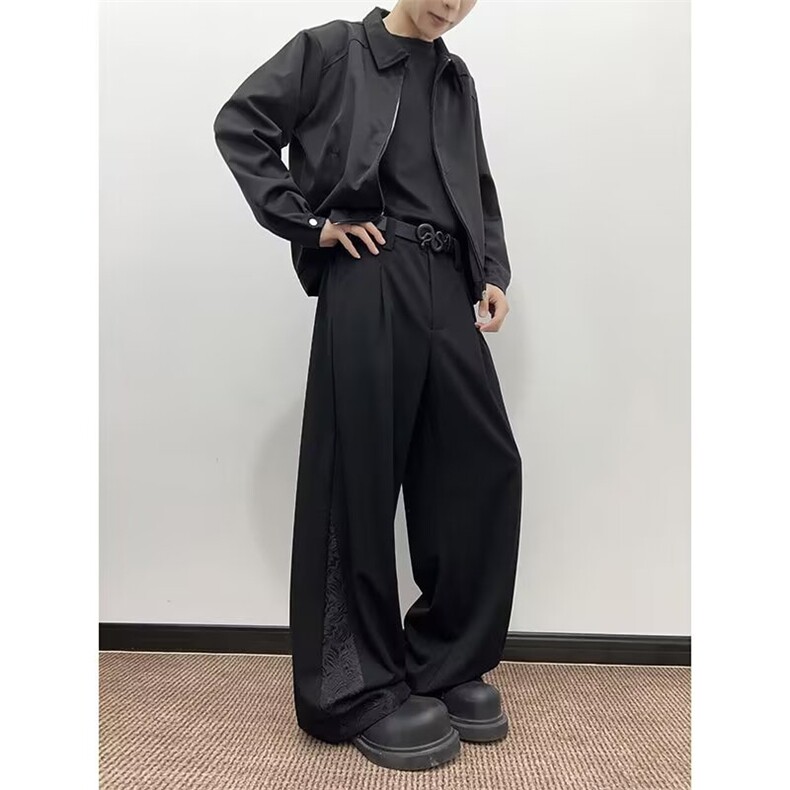 混纺“暗纹雕花”优雅宫廷拼接A字版阔腿西裤垂感休闲裤，男装西裤，星座813-2