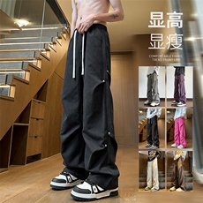 美式褶皱铆钉阔腿冰丝裤男欧美高街hiphop降落伞兵工装裤子夏薄款，男装休闲裤，电商A102