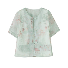 新中式国风短袖薄款外套女2024夏装新款流行欧根纱刺绣花盘扣上衣，女装短外套，艾仟回(原伊仟回)