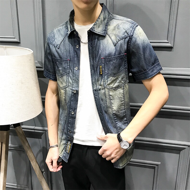 19春夏季欧美潮流复古式翻领牛仔衬衣品质短袖衬衫DX0127P85,男装衬衫,钱塘730-1