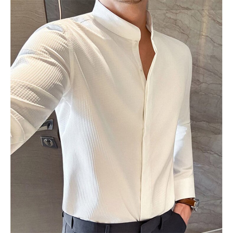 新中式小立领衬衫男士纯色风秋季长袖衬衣中山装C380，男装衬衫，星座1116A（原606A-3）