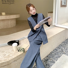 蓝色轻熟风极简西装马甲套装女2025秋新款高级感高腰阔腿裤两件套，女装套装/套裙，2C210