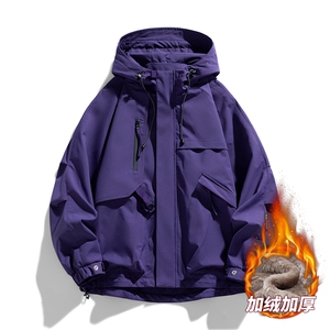 AJ136-P98 冬季加绒加厚连帽冲锋衣防风防水插色拼接棉衣外套图片