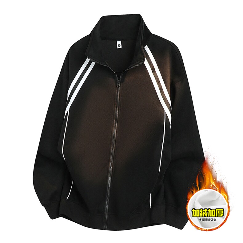 480G重磅加绒硬挺boxy男女秋冬美式高街织带撞色立领卫衣开衫外套，女装短外套，电商A486