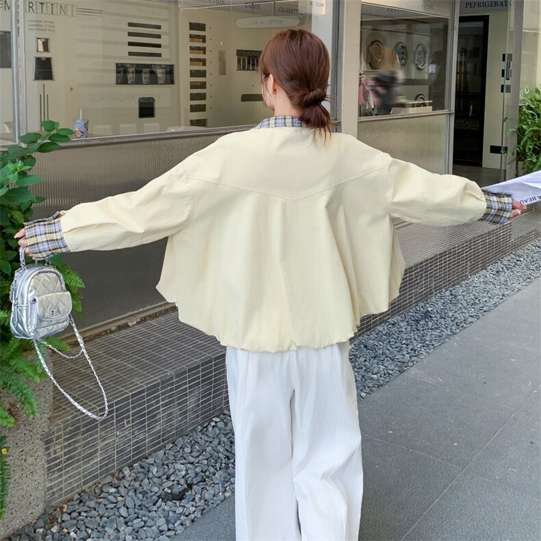 浅黄色格子拼接短款外套女2025年春秋季新款韩版宽松显瘦夹克上衣,女装短外套,2C056