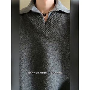 重磅北极绒假两件衬衫领毛衣美式高街复古休闲慵懒纯色翻领针织衫图片