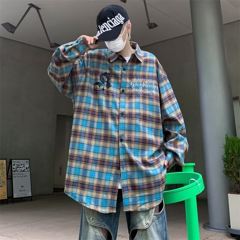 美式街头复古格子长袖衬衫男潮牌嘻哈刺绣宽松休闲百搭衬衣,男装衬衫,星座716-3