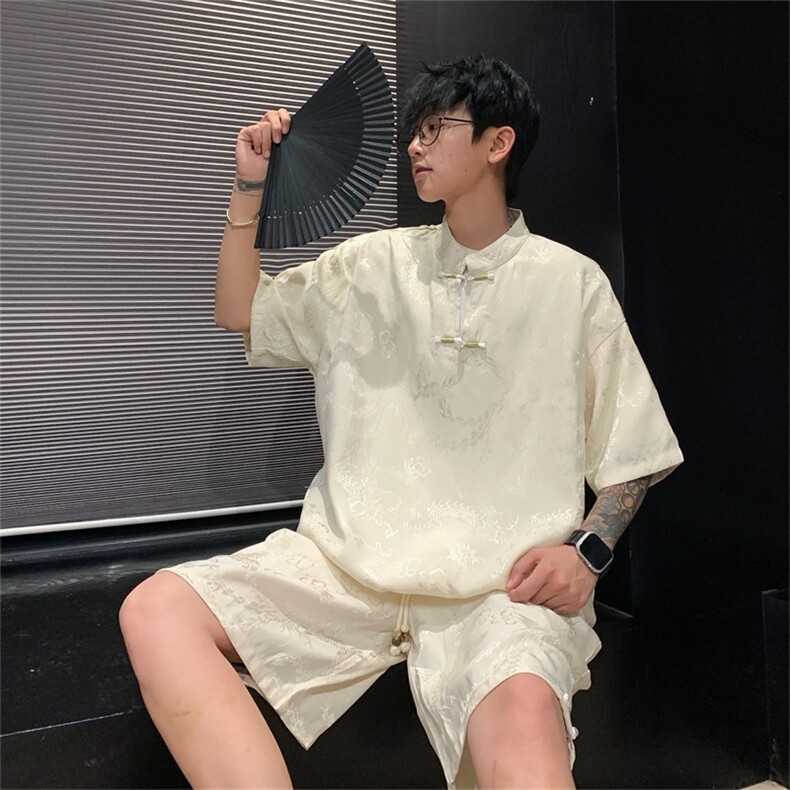 量大优供视频新风龙凤提花冰丝短袖短裤套装男TZ2406-特P60,男装休闲套装,电商A028