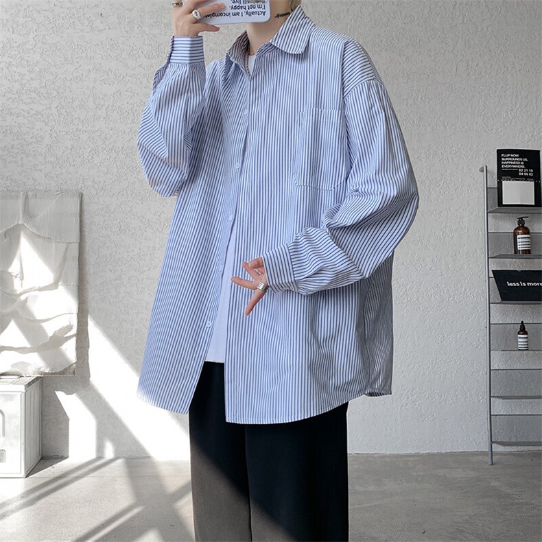 春夏条纹衬衫男长袖薄款痞帅高级感宽松慵懒风大码衬衣CS29003P45,男装衬衫,电商B312