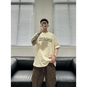 抖音得物供货210克宽松纯棉美式潮牌印花宽松落肩袖纯棉T恤AT2103图片