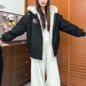 2025冬季美式复古毛领刺绣连帽开衫棉服男女潮牌春秋情侣保暖外套,深蓝色长款棉衣搭配什么裤子好看吗图片