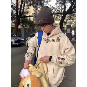 美式复古卡通蜡笔小新刺绣男女秋冬加绒加厚连帽卫衣SYT16 P47图片