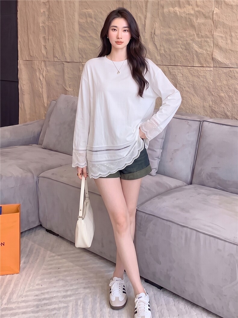 高级感时尚潮流套装女夏季款宽松圆领镂空花边上衣牛仔短裤两件套,女装套装/套裙,江南