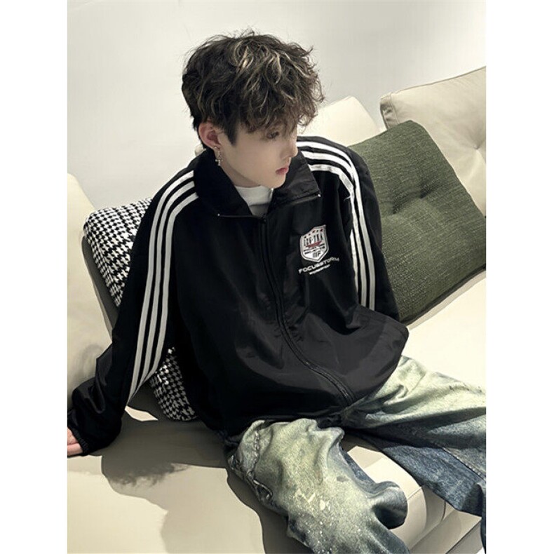 新款美式复古字母刺绣三条杠夹克男女春秋季情侣外套JL008,男装夹克,星座1116A（原606A-3）