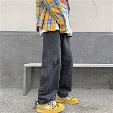 2023春季牛仔裤男宽松直筒灰色长裤韩版港风复古潮流百搭阔腿裤图片