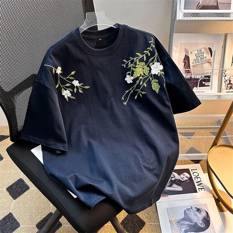 夏季新款植物花卉刺绣短袖T恤潮流时尚休闲百搭上衣,男装T恤,星座410-7