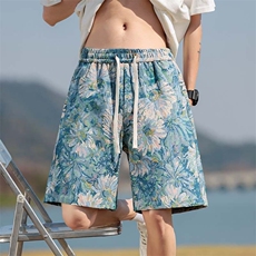 牛油果绿针织运动短裤男款夏季民族风沙滩五分裤子夏威夷薄款中裤，男装牛仔裤，星座209-1