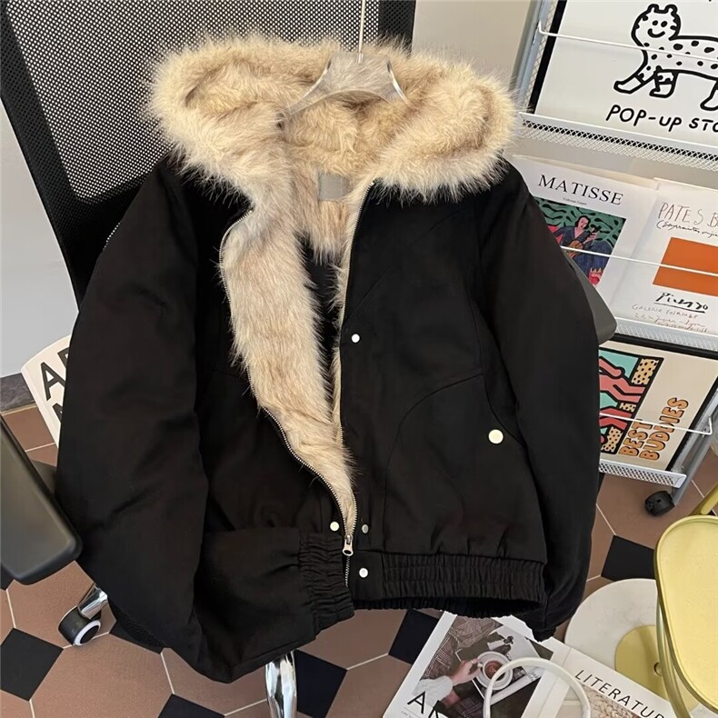 冬季新款毛领连帽棉服外套男女美式复古保暖小众设计感棉衣潮图片