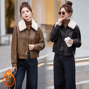 现货海宁f仿真皮皮衣女加绒加厚短款2024冬季新款女士宽松皮外套图片