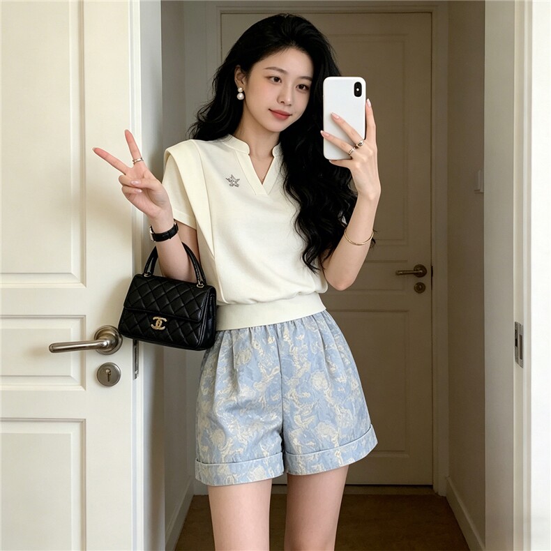 欧货高级感休闲运动套装女夏洋气减龄V领短袖上衣提花短裤两件套,女装套装/套裙,江南