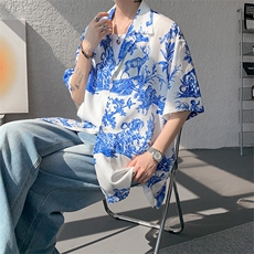 8XL-M天丝亚麻清爽晕染古巴领短袖衬衫男半截袖冰丝衬衣CS525P58，男装衬衫，电商D206-1