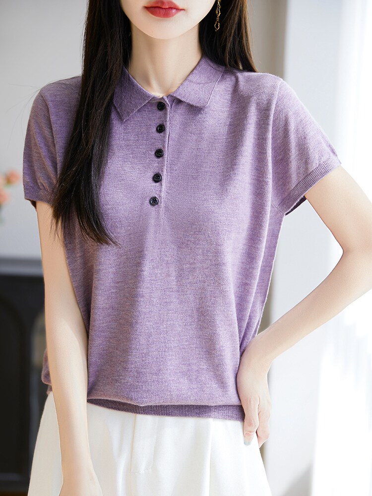 POLO翻领短袖针织T恤女2025夏薄款新款精纺薄款打底小衫t恤衫上衣,针织衫/毛衣,暖烁特种纱工厂店