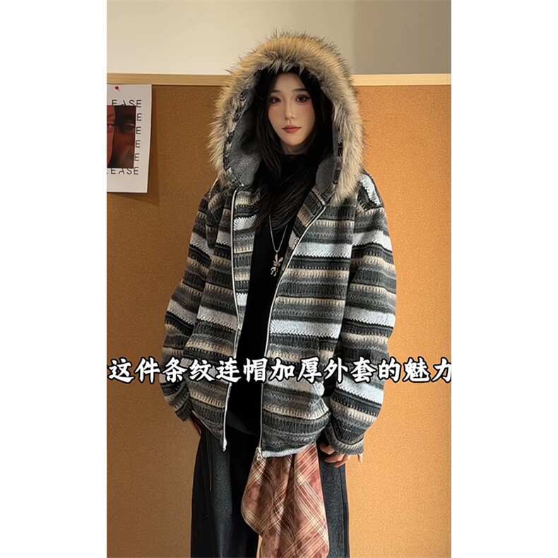 可拆卸毛领加绒卫衣慵懒风撞色条纹潮流男女DZ51213-TP75158图片