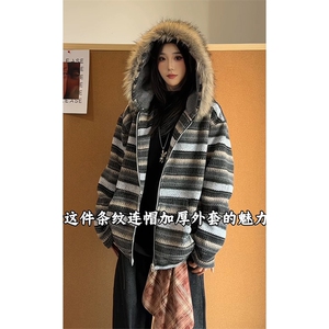 可拆卸毛领加绒卫衣慵懒风撞色条纹潮流男女DZ51213-TP75158图片