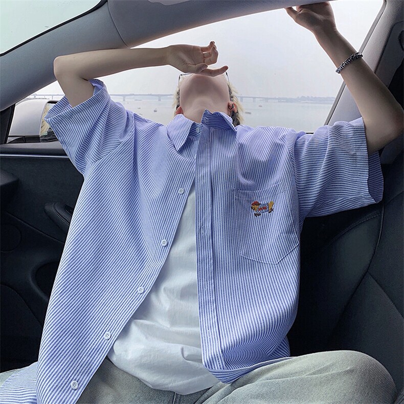 B221美式ins港风宽松薄款条纹短袖衬衫SY2556-特P35控59,男装衬衫,电商B221
