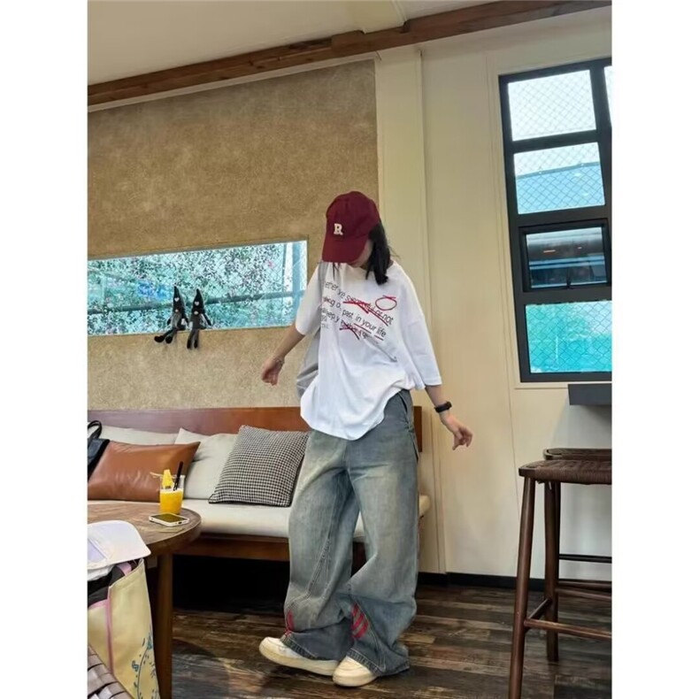 美式复古条纹拼接直筒牛仔裤男女高街设计感宽松做旧工装阔腿裤,男装牛仔裤,星座506A