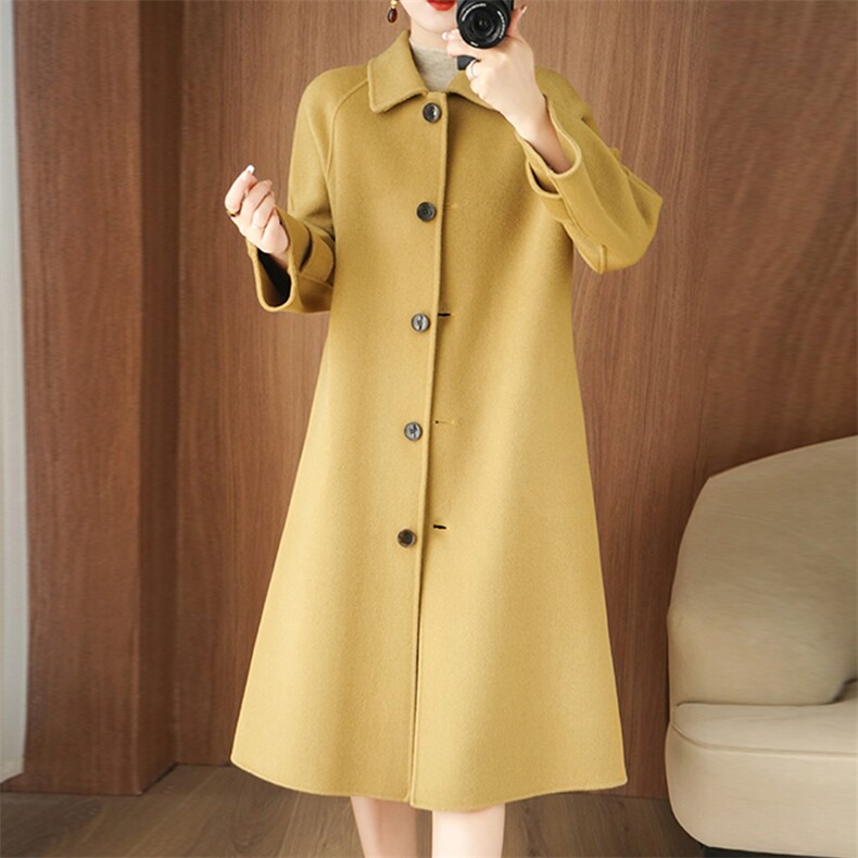 时尚百搭女士羊毛呢子大衣中长款显瘦气质外套秋季新品，女装毛呢外套，豪顺羊绒