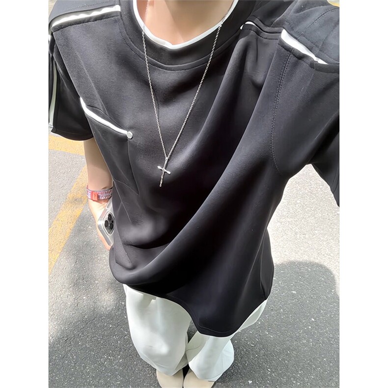 假两件撞色拼接短袖T恤男夏季美式潮牌设计感宽松痞帅内搭打底衫,男装T恤,电商A003