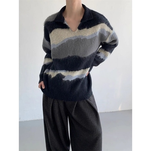 不规则撞色条纹毛衣男女秋冬新款慵懒风彷貂polo领针织衫MY9822,服装搭配中性图片