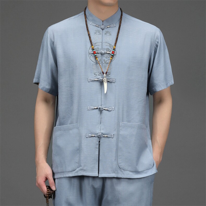 夏季棉麻男士休闲风短袖套装中年爸爸装薄款唐装JZ2002-P90，男装民族服装，星座1105-3