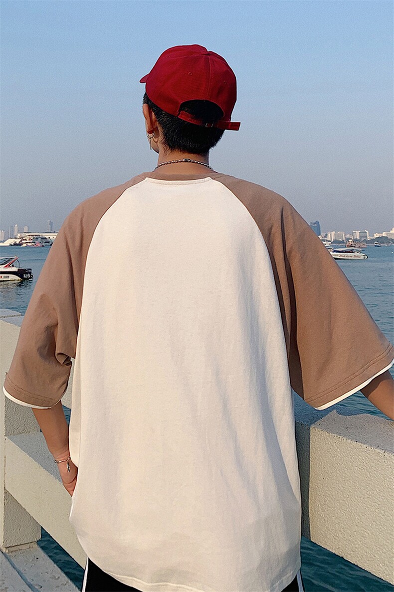 ins火撞色拼接短袖t恤男夏季潮流港风chic五分袖上衣DS343TP25,男装T恤,电商A102