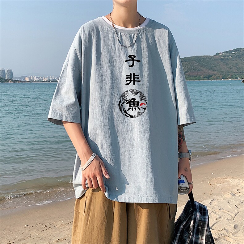YT26070-P30亚麻短袖t恤男大码五分袖男宽松七分袖港风模特,男装T恤,电商A040