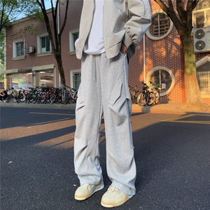浅灰色解构褶皱运动卫裤男款秋季美式复古伞兵工装裤弯刀微喇裤子图片